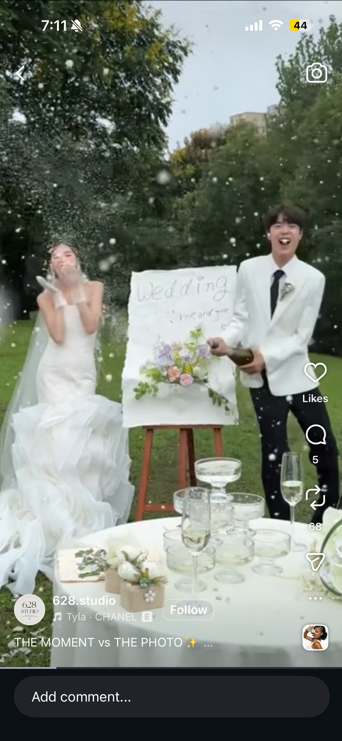 잔디밭에서 신랑이 샴페인을 터뜨려 신부 쪽으로 뿌리는 레퍼런스예요. 인스타그램 화면을 캡처한 이미지예요.